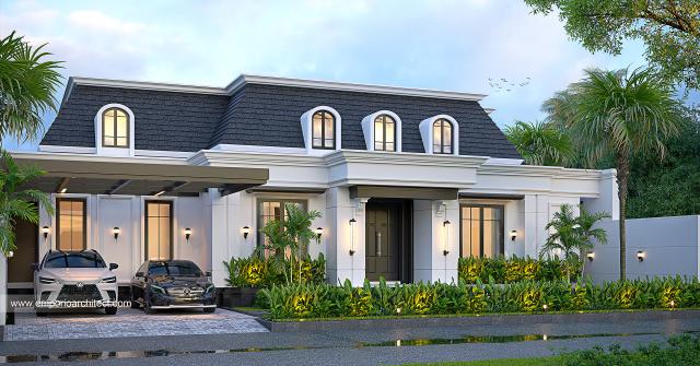 Desain Tampak Depan 2 Rumah Mediteran 1 Lantai Bapak YNR di Banyuwangi, Jawa Timur