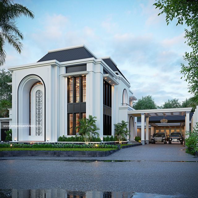 Desain Tampak Depan Rumah Mediteran 2 Lantai Ibu SC di Bandung