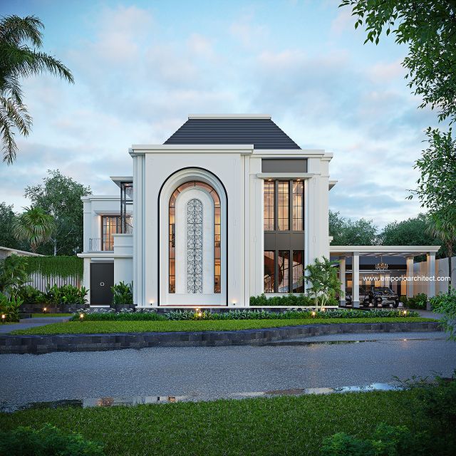 Desain Tampak Depan 2 Rumah Mediteran 2 Lantai Ibu SC di Bandung