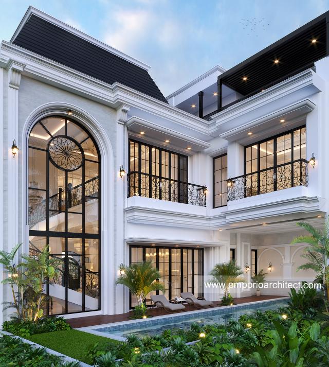 Desain Tampak Belakang Rumah Mediteran 3 Lantai Ibu DBB di Jakarta Utara