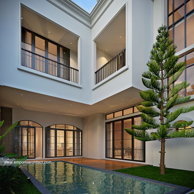 Desain Tampak Detail Belakang Rumah Mediteran 3 Lantai Bapak RN di Jakarta Selatan