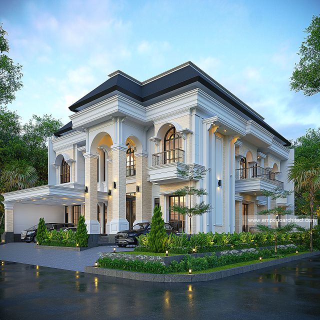 Desain Rumah Mediteran 3 Lantai Ibu FHN di Bintaro, Jakarta Selatan - Tampak Hook Dengan Pagar