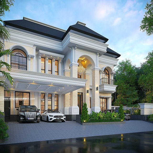 Desain Tampak Depan Rumah Mediteran 3 Lantai Ibu FHN di Bintaro, Jakarta Selatan