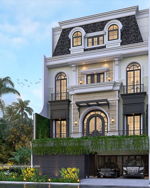 Desain Rumah Wisma Investindo Mediteran 3.5 Lantai Ibu MDI di Jakarta Selatan - Tampak Depan