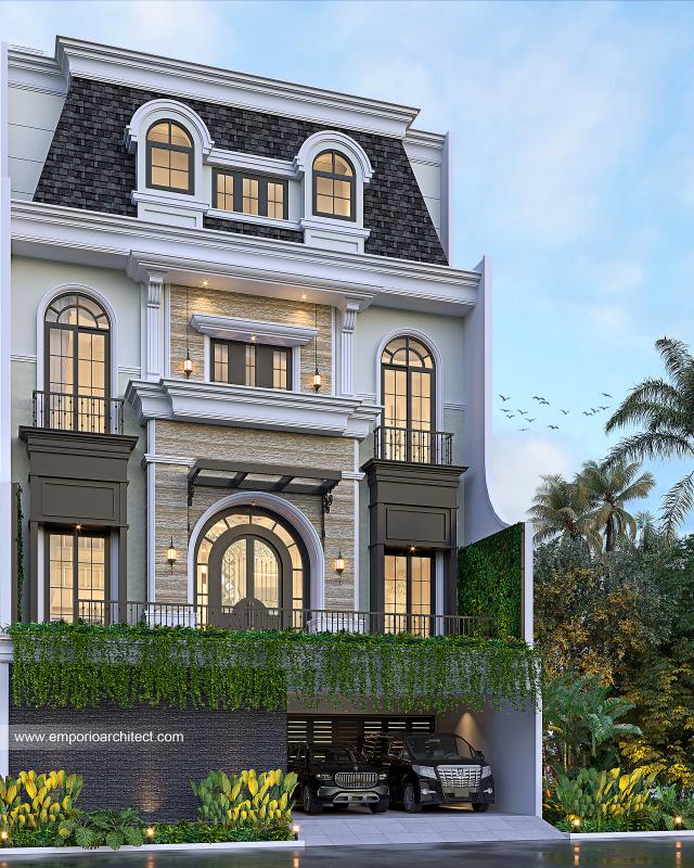 Desain Tampak Depan 2 Rumah Wisma Investindo Mediteran 3.5 Lantai Ibu MDI di Jakarta Selatan