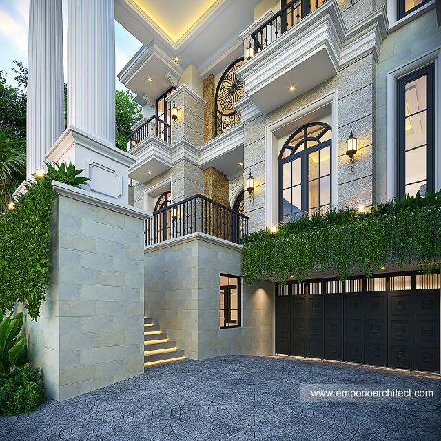 Desain Tampak Detail Depan Rumah Klasik Mediteran 3.5 Lantai Ibu TN VI di Jakarta Selatan