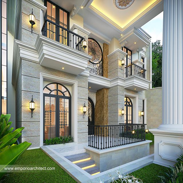 Desain Tampak Detail Depan 2 Rumah Klasik Mediteran 3.5 Lantai Ibu TN VI di Jakarta Selatan