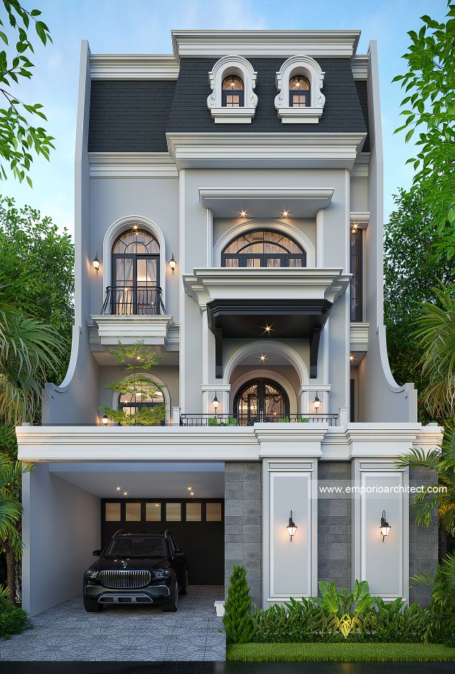 Desain Tampak Depan Rumah Mediteran 4 Lantai Ibu RKA di Jakarta