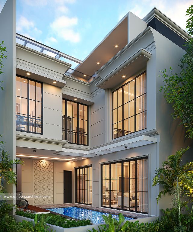 Desain Tampak Belakang Rumah Mediteran 4 Lantai Ibu FRD di Jakarta Selatan