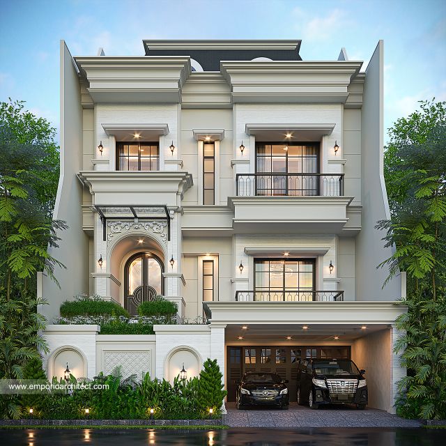 Desain Tampak Depan 3 Rumah Mediteran 4 Lantai Bapak JFR di Jakarta