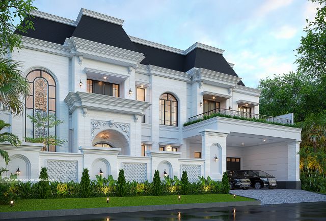 Desain Tampak Depan Dengan Pagar Rumah Mediteran Klasik 2 Lantai Bapak SML di Sidoarjo, Jawa Timur