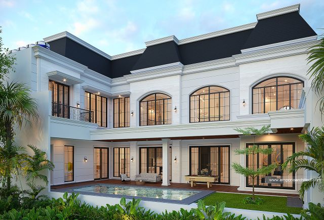 Desain Tampak Belakang Rumah Mediteran Klasik 2 Lantai Bapak SML di Sidoarjo, Jawa Timur