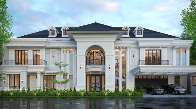 Desain Tampak Depan Rumah Mediteran Klasik 2 Lantai Ibu YN 1950 di Jakarta