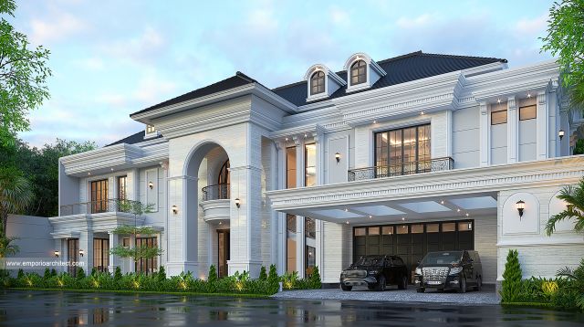 Desain Tampak Depan 3 Rumah Mediteran Klasik 2 Lantai Ibu YN 1950 di Jakarta