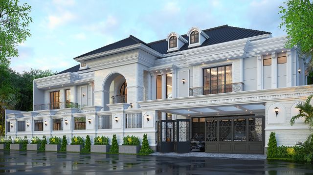 Desain Tampak Depan Dengan Pagar Rumah Mediteran Klasik 2 Lantai Ibu YN 1950 di Jakarta