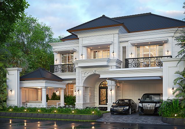 Desain Tampak Depan Rumah Mediteran Klasik 2 Lantai Bapak EJR di Bulukumba, Makassar