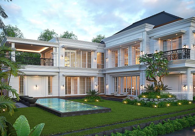 Desain Tampak Belakang Rumah Mediteran Klasik 2 Lantai Bapak EJR di Bulukumba, Makassar