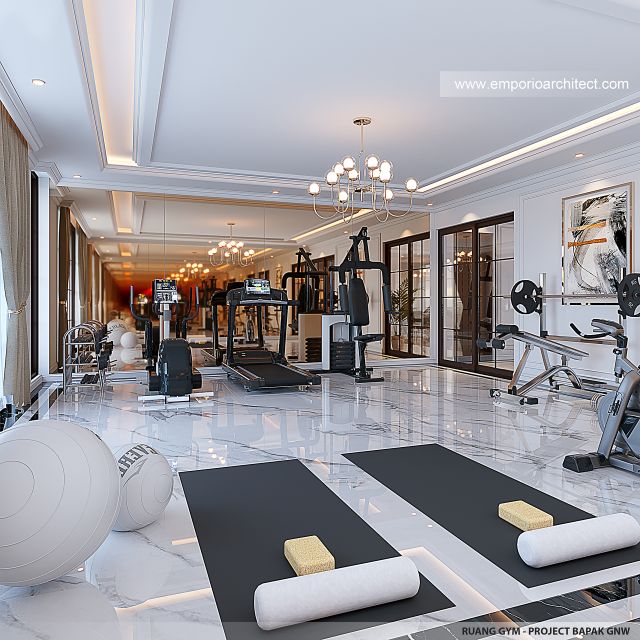 Desain Ruang Gym Rumah Mediteran Klasik 3 Lantai Bapak GNW di PIK 2, Jakarta Utara