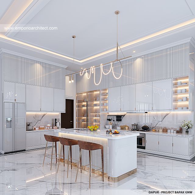 Desain Dapur Rumah Mediteran Klasik 3 Lantai Bapak GNW di PIK 2, Jakarta Utara