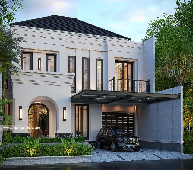 Desain Tampak Depan Rumah Mediteran Klasik 3 Lantai Bapak CDR di Jakarta Selatan