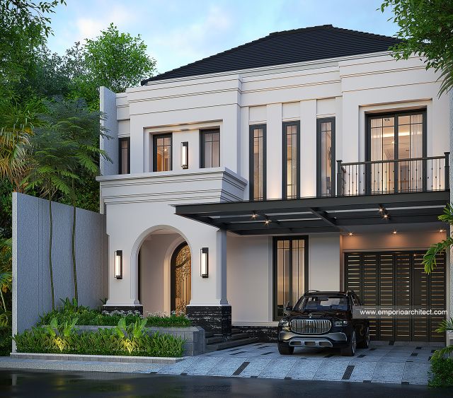 Desain Tampak Depan 2 Rumah Mediteran Klasik 3 Lantai Bapak CDR di Jakarta Selatan