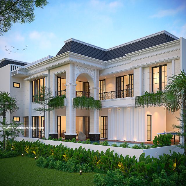 Desain Tampak Belakang Rumah Mediteran Klasik 3 Lantai Bapak TMB di BSD, Tangerang Selatan