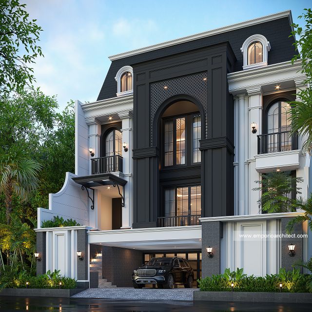 Desain Tampak Depan 2 Rumah Mediteran Klasik 3 Lantai Ibu TN X di Jakarta Selatan