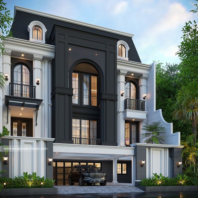 Desain Tampak Depan 3 Rumah Mediteran Klasik 3 Lantai Ibu TN X di Jakarta Selatan