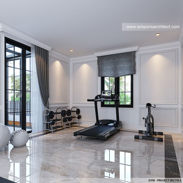 Desain Ruang Gym Rumah Mediteran Klasik 3 Lantai Ibu TN X di Jakarta Selatan