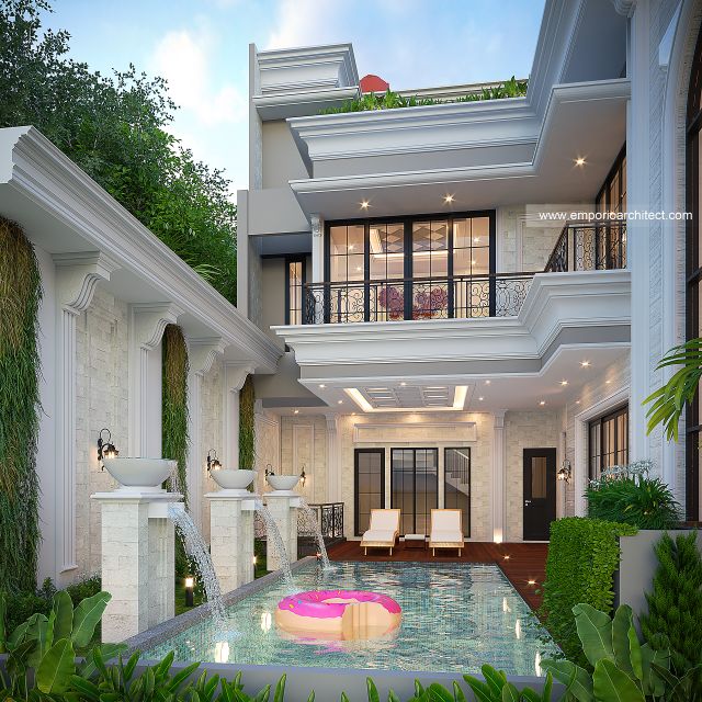 Desain Tampak Detail Belakang Rumah Mediteran Klasik 4 Lantai Bapak TDL di PIK, Jakarta Utara