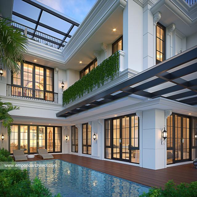 Desain Tampak Detail Belakang Rumah Mediteran Klasik 4 Lantai Ibu HN di Bandung