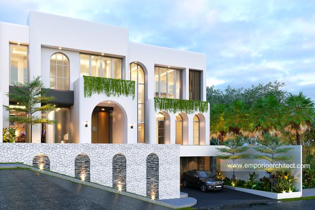 Desain Tampak Depan 2 Rumah Santorini 2.5 Lantai Ibu LND di Jakarta