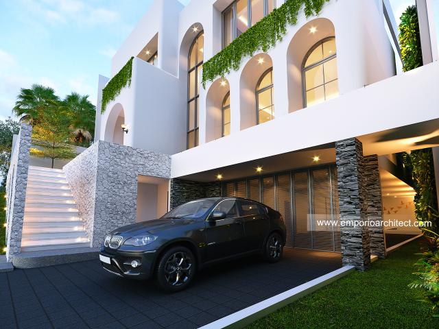 Desain Tampak Detail Depan 1 Rumah Santorini 2.5 Lantai Ibu LND di Jakarta