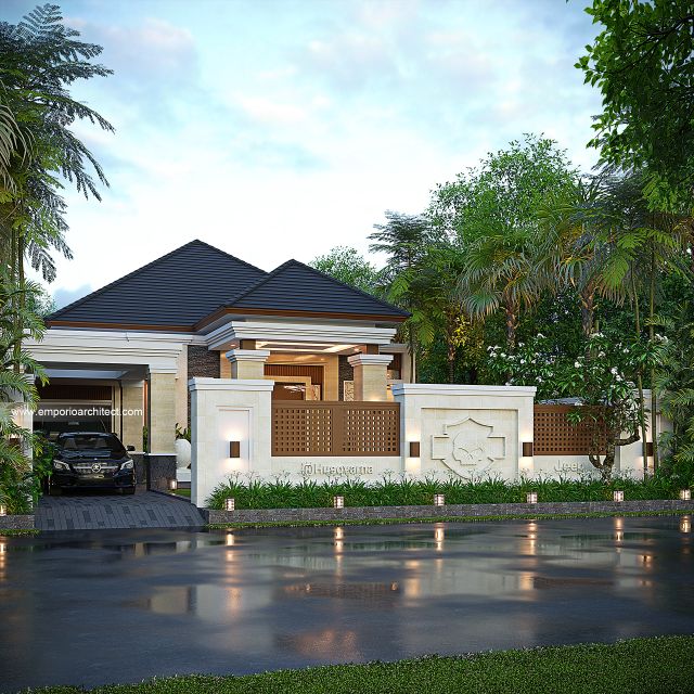 Desain Tampak Depan Dengan Pagar Rumah Villa Bali Modern 1 Lantai Bapak ASM di Musi Banyuasin, Sumatera Selatan