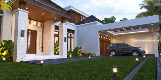 Desain Tampak Detail Depan Rumah Modern 1.5 Lantai Bapak HS di Palu, Sulawesi Tengah