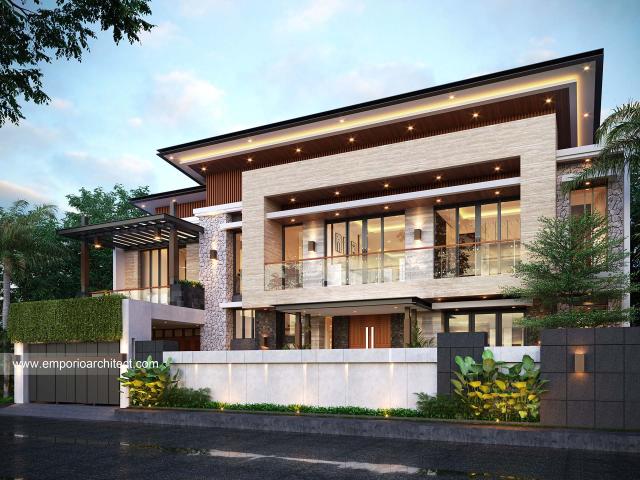 Desain Tampak Depan Dengan Pagar Rumah Modern 2 Lantai Ibu SLD di Kutai, Kalimantan Timur