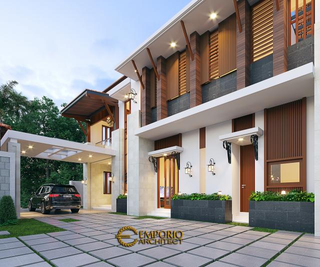 Desain Tampak Detail Depan Rumah Villa Bali Modern 2 Lantai Ibu Dini di Yogyakarta