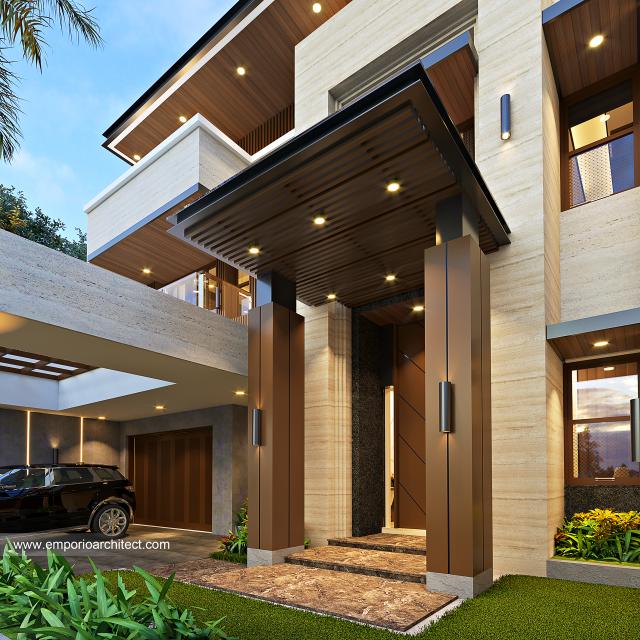 Desain Tampak Detail Depan Rumah Modern 2 Lantai Bapak JHN di Surabaya