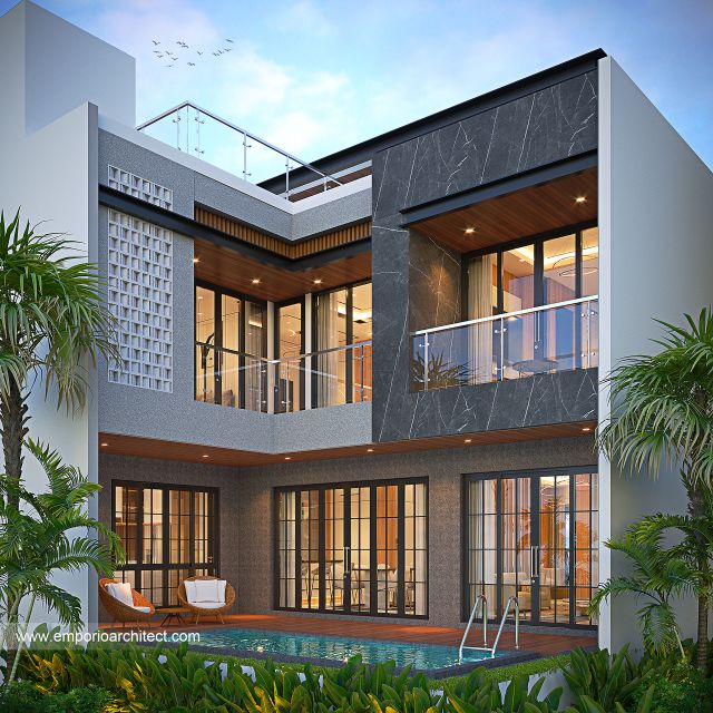 Desain Tampak Belakang Rumah Modern 2 Lantai Ibu SLN di Denpasar, Bali