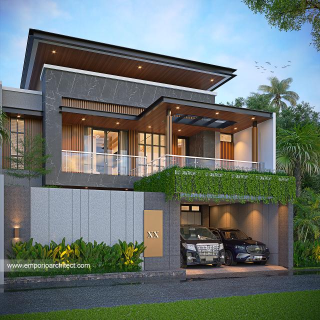 Desain Tampak Depan Dengan Pagar Rumah Modern 2 Lantai Ibu SLN di Denpasar, Bali