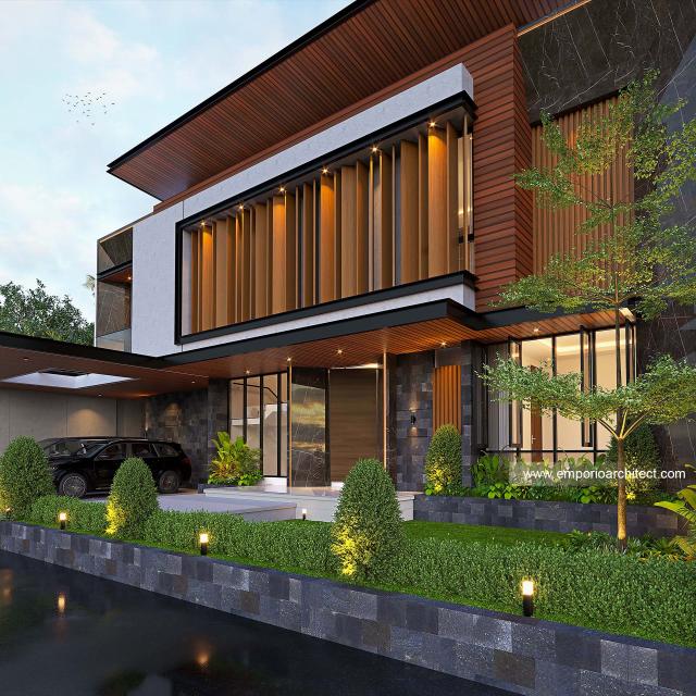 Desain Tampak Detail Depan Rumah Modern 2 Lantai Ibu JFN di Padang