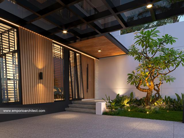 Desain Tampak Detail Depan Rumah Modern 2 Lantai Bapak SRT di Jakarta