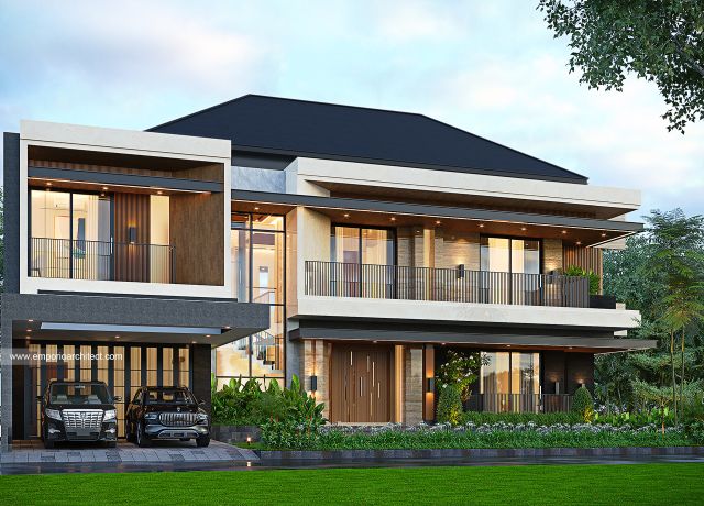 Desain Tampak Depan 2 Rumah Modern 2 Lantai Bapak AST di Bandung