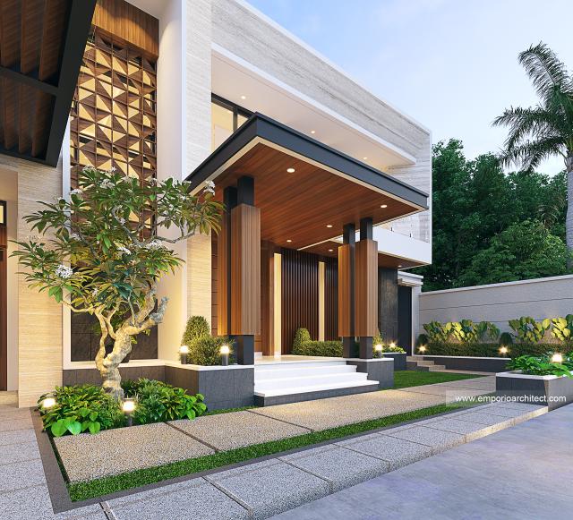 Desain Tampak Detail Depan Rumah Modern 2 Lantai Ibu Senja di Mojokerto