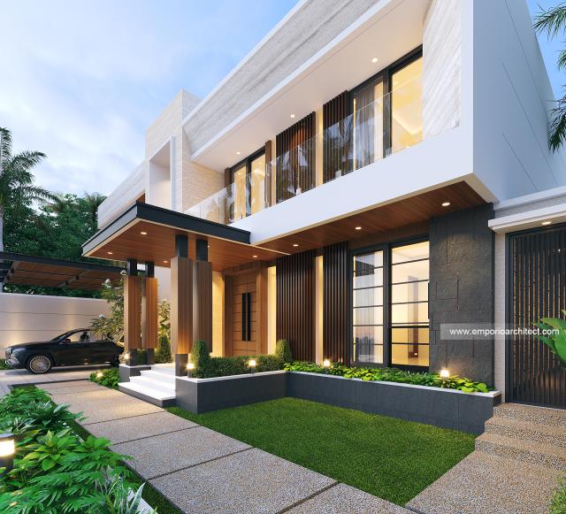 Desain Tampak Detail Depan 2 Rumah Modern 2 Lantai Ibu Senja di Mojokerto