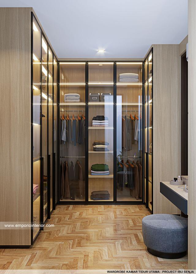 Desain Wardrobe Kamar Tidur Utama Rumah Modern 2 Lantai Ibu Senja di Mojokerto