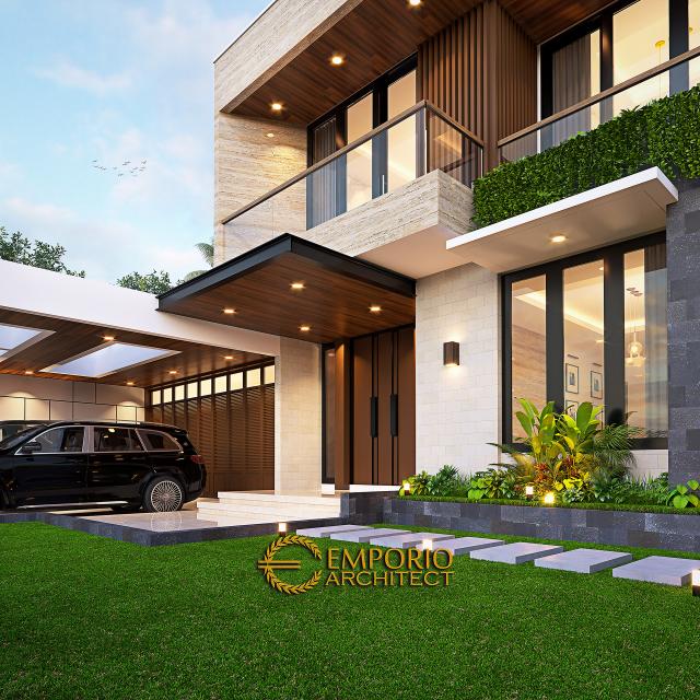 Desain Tampak Detail Depan Rumah Modern 2 Lantai Bapak Sitanggang di Jakarta