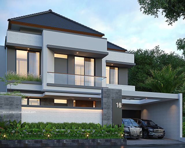 Desain Tampak Depan Dengan Pagar Rumah Modern 2 Lantai Bapak VTX di Serang, Banten