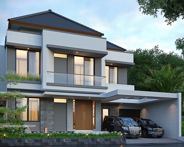 Desain Tampak Depan 2 Rumah Modern 2 Lantai Bapak VTX di Serang, Banten