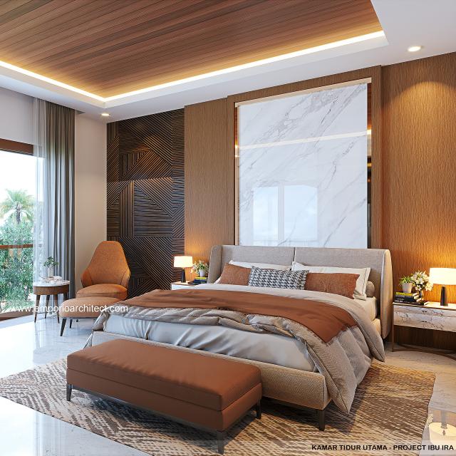 Desain Kamar Tidur Utama Rumah Modern 2 Lantai Ibu IR di Denpasar, Bali